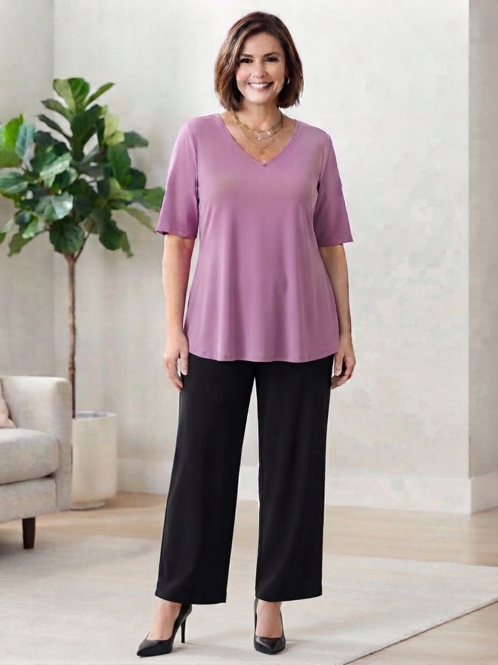 Susan Graver Mauve V‑Neck Top with Black Wide-Leg Pants